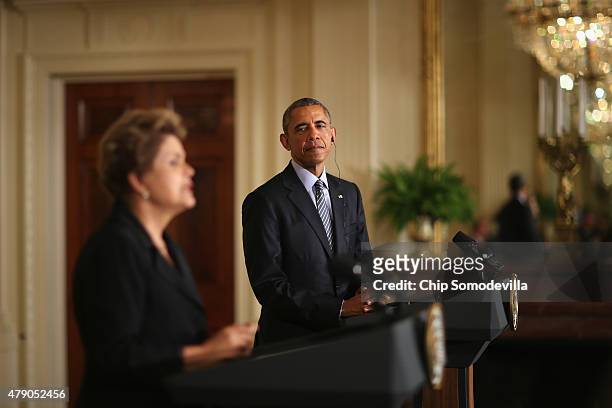 Brazilian President Dilma Rousseff and U.S. President Barack Obama hold a joint news conference in the East Room at the White House June 30, 2015 in...