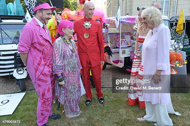 Piers Atkinson, Dame Zandra Rhodes and Andrew Logan meet Camilla, Duchess of Cornwall, at the Quintessentially Foundation and Elephant Family's Royal...