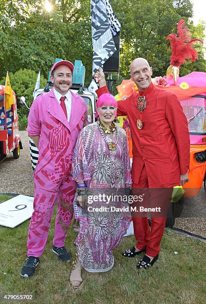 Piers Atkinson, Dame Zandra Rhodes and Andrew Logan attend the Quintessentially Foundation and Elephant Family's Royal Rickshaw Auction presented by...