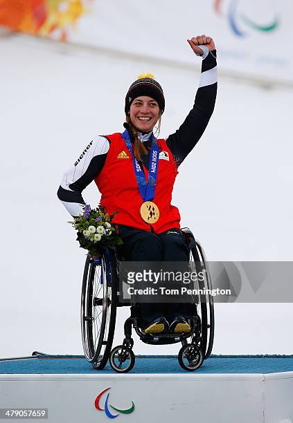 Gold medalist Anna Schaffelhuber of Germany celebrates during the medal ceremony for the Women's Giant Slalom Sitting during day nine of the Sochi...
