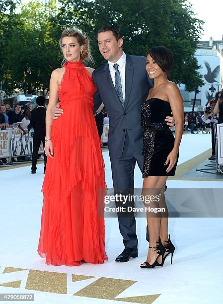 Actors Amber Heard, Channing Tatum and Jada Pinkett Smith attend the European Premiere of "Magic Mike XXL" at Vue West End on June 30, 2015 in...