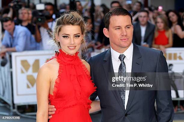 Actors Amber Heard and Channing Tatum attend the European Premiere of "Magic Mike XXL" at Vue West End on June 30, 2015 in London, England.