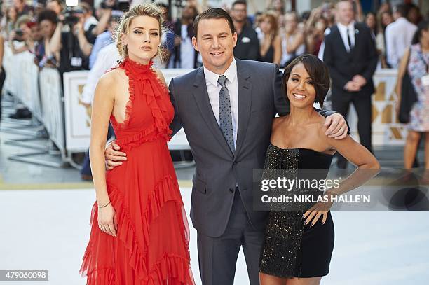 Actors Amber Heard, Channing Tatum and Jada Pinkett Smith pose on arrival for the European premiere of Magic Mike XXL in central London on June 30,...