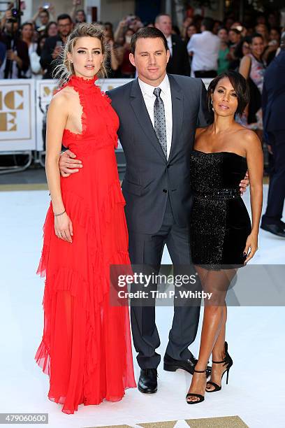 Actors Amber Heard, Channing Tatum and Jada Pinkett Smith attend the European Premiere of "Magic Mike XXL" at Vue West End on June 30, 2015 in...