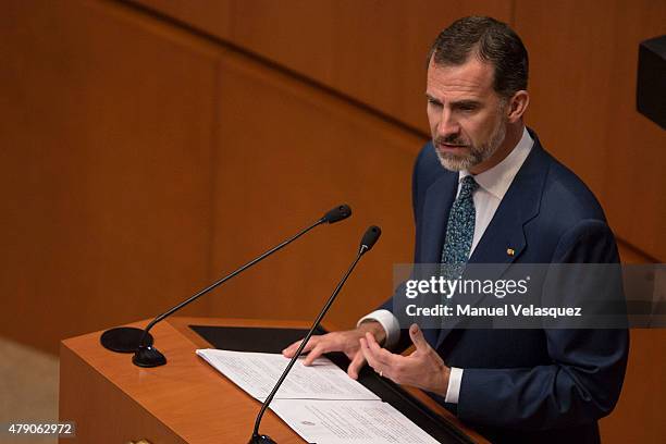 King Felipe VI of Spain gives a speech aimed to the members of Mexican Senate at Senate on June 30, 2015 in Mexico City, Mexico. The Spanish Monarchs...