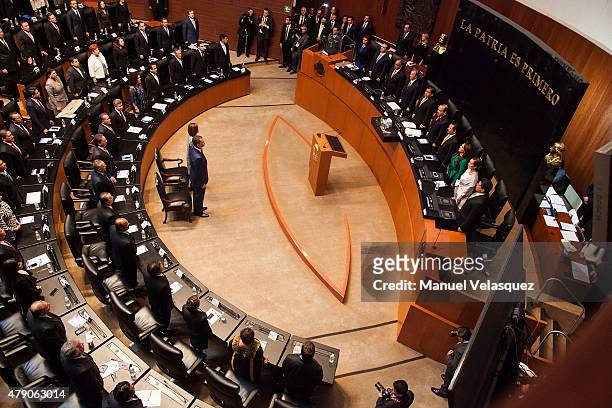 King Felipe VI of Spain gives a speech aimed to the members of Mexican Senate at Senate on June 30, 2015 in Mexico City, Mexico. The Spanish Monarchs...