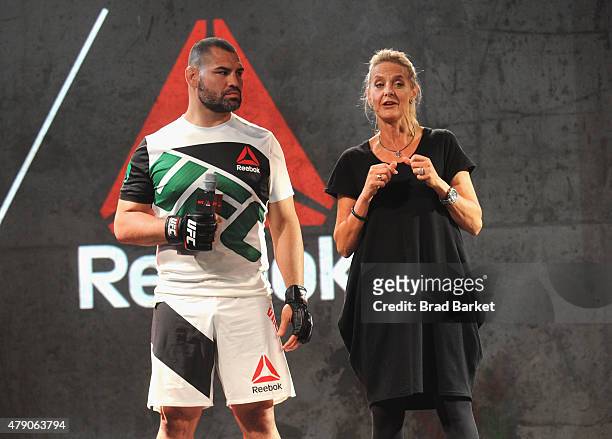 Fighter Cain Velasquez and Reebok design expert Corinna Werkle speak at the Launch Of The Reebok UFC Fight Kit at Skylight Modern on June 30, 2015 in...
