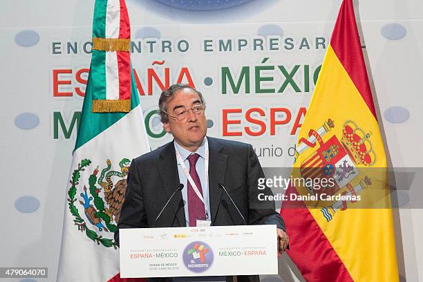President of Spanish Confederation of Employers' Organizations Juan Rosell gives a speech during the Business Forum at Presidente Hotel on June 30,...