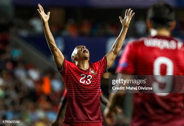 Joao Mario of Portugal reacts during UEFA U21 European Championship final match between Portugal and Sweden at Eden Stadium on June 30, 2015 in...
