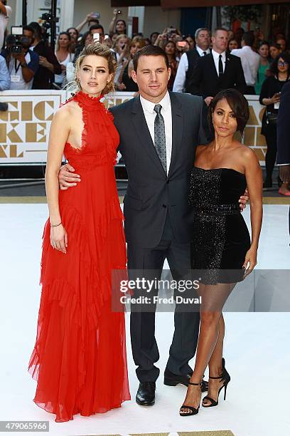 Amber Heard, Channing Tatum and Jada Pinkett Smith attend the European Premiere of 'Magic Mike XXL' at Vue West End on June 30, 2015 in London,...