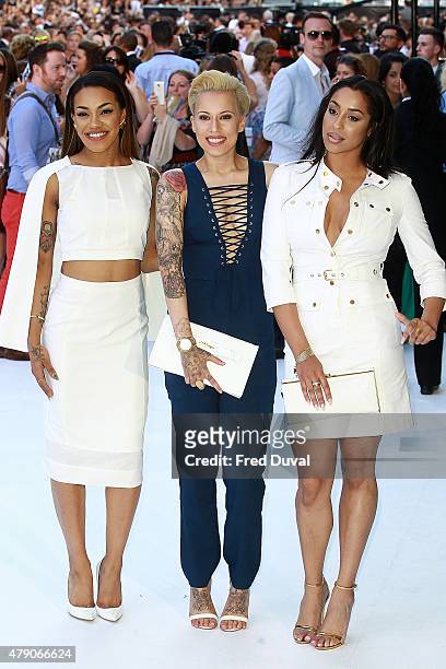 Karis Anderson, Courtney Rumbold and Alexandra Buggs of Stooshe attend the European Premiere of 'Magic Mike XXL' at Vue West End on June 30, 2015 in...