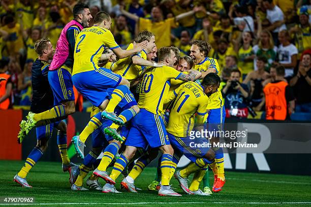 Players of Sweden celebrate their victory in UEFA U21 European Championship final match between Portugal and Sweden at Eden Stadium on June 30, 2015...