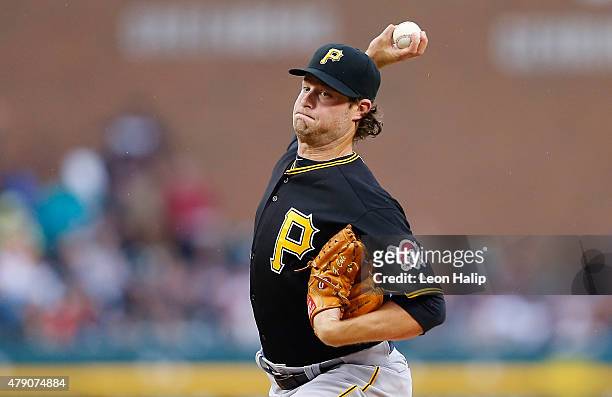Gerrit Cole of the Pittsburgh Pirates pitches during the first inning of the interleague game against the Detroit Tigers on June 30, 2015 at Comerica...