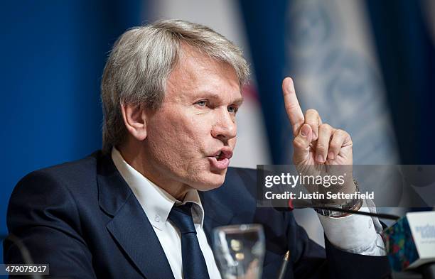 Ukrainian Paralympic President Valeriy Suskevich speaks during a Ukrainian team press conference ahead of the 2014 Paralympic Winter Games closing...