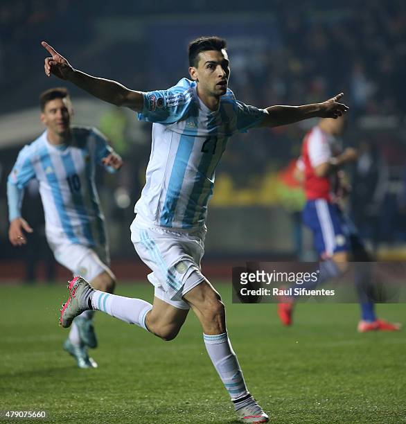 Javier Pastore of Argentina celebrates after scoring the second goal of his team during the 2015 Copa America Chile Semi Final match between...