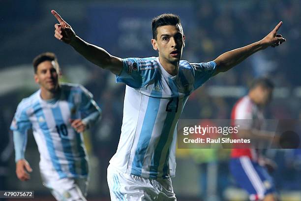 Javier Pastore of Argentina celebrates after scoring the second goal of his team during the 2015 Copa America Chile Semi Final match between...