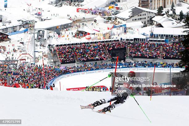 Marcel Hirscher of Austria takes 1st place and wins the overall slalom World Cup globe during the Audi FIS Alpine Ski World Cup Finals Men's Slalom...