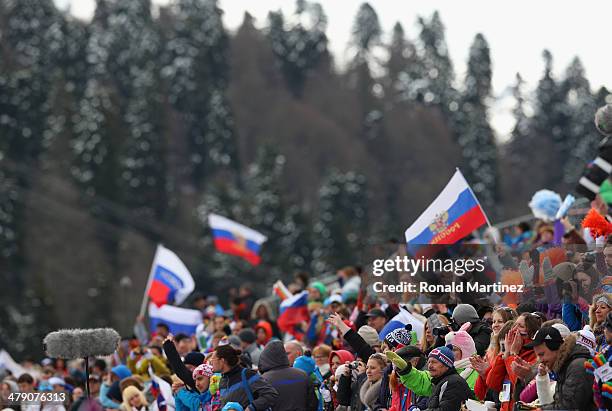 Fans cheer during day nine of Sochi 2014 Paralympic Winter Games at Laura Cross-country Ski & Biathlon Center on March 16, 2014 in Sochi, Russia.