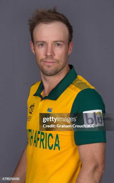 De Villiers of South Africa at the headshot session at the Pan Pacific Hotel, Dhaka in the lead up to the ICC World Twenty20 Bangladesh 2014 on March...