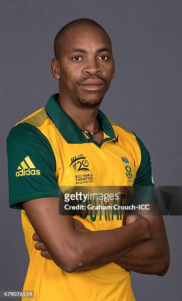 Aaron Phangiso of South Africa at the headshot session at the Pan Pacific Hotel, Dhaka in the lead up to the ICC World Twenty20 Bangladesh 2014 on...