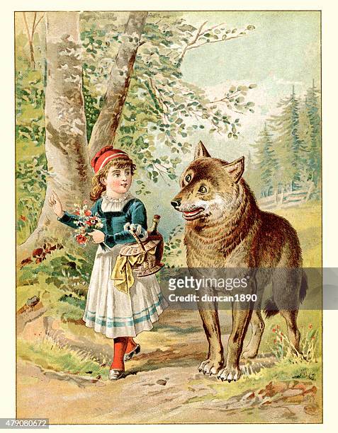 ilustraciones, imágenes clip art, dibujos animados e iconos de stock de caperucita roja y el lobo - canción infantil