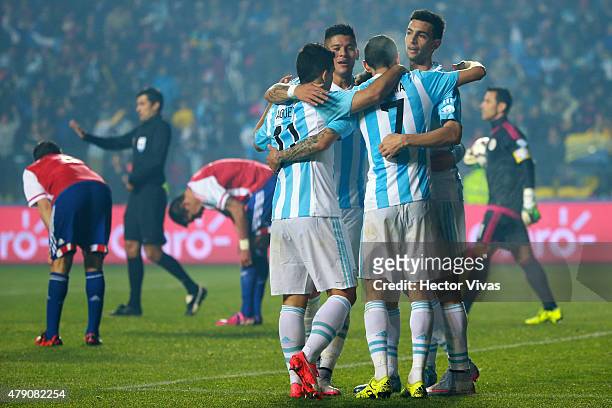 Angel Di Maria celebrates with teammates Sergio Aguero, Marcos Rojo and Javier Pastore after scoring the fourth goal of his team during the 2015 Copa...