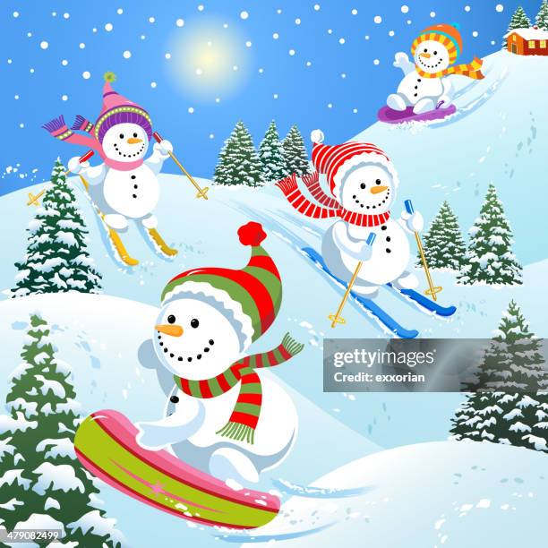 snowmen skiing, sledding and snowboarding - tobogganing stock illustrations