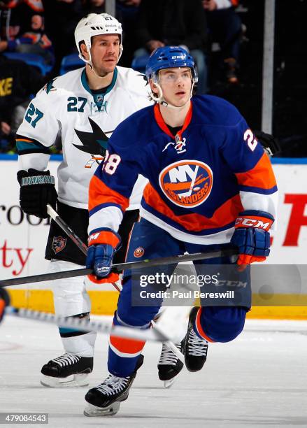 Johan Sundstrom of the New York Islanders skates during an NHL hockey game against the San Jose Sharks at Nassau Veterans Memorial Coliseum on March...