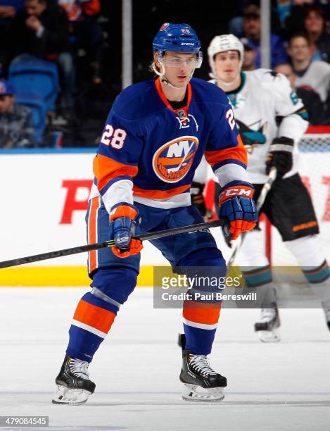 Johan Sundstrom of the New York Islanders skates during an NHL hockey game against the San Jose Sharks at Nassau Veterans Memorial Coliseum on March...