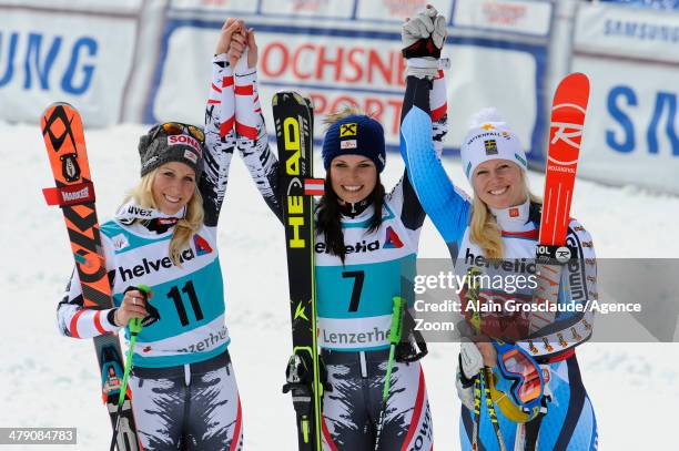 Anna Fenninger of Austria takes 1st place and wins the overall giant slalom World Cup globe, Eva-Maria Brem of Austria takes 2nd place, Jessica...