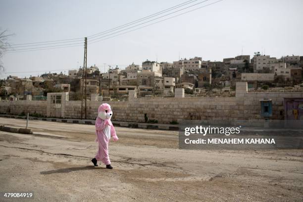 An Israeli settler dressed up in an animal outfit takes part in a parade to celebrate the Jewish holiday of Purim in al-Shuhada Street, in the West...