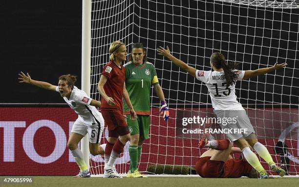 Defender Kelley O'Hara celebrates her goal against Germany during their 2015 FIFA Women's World Cup semi-final football match at the Olympic Stadium...