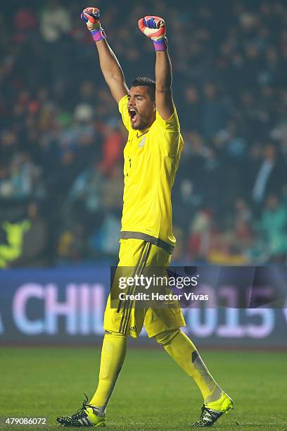 Sergio Romero of Argentina celebrates the opening goal of his team scored by Marcos Rojo of Argentina during the 2015 Copa America Chile Semi Final...