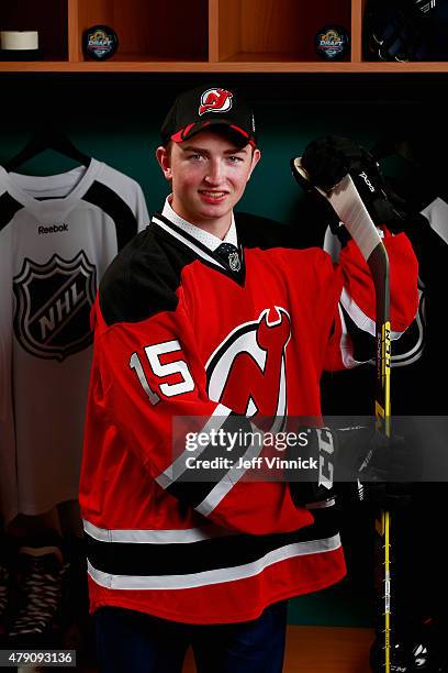 Blake Speers poses for a portrait after being selected 67th by the New Jersey Devils during the 2015 NHL Draft at BB&T Center on June 27, 2015 in...