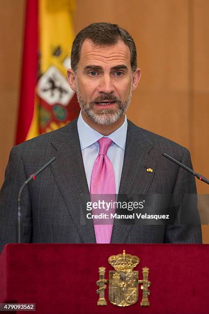 King Felipe VI gives a speech during a meeting with members of the Spanish Community at Hospital Espanol on June 30, 2015 in Mexico City, Mexico. The...