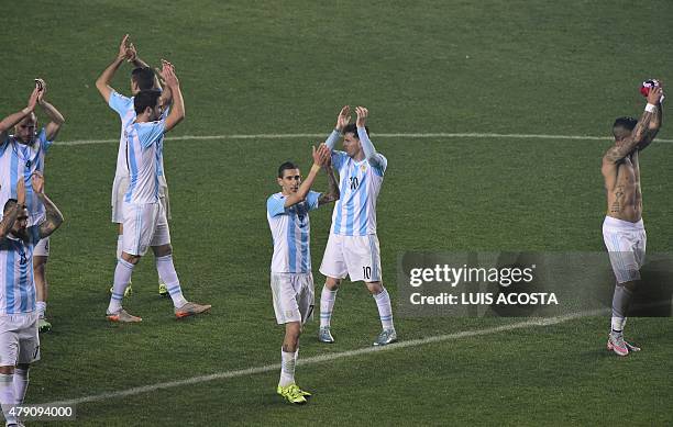 Argentine players celebrate after beating Paraguay 6-1 in their Copa America semifinal football match in Concepcion, Chile on June 30, 2015. AFP...