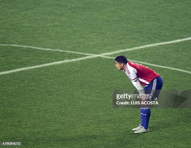 Paraguay's defender Bruno Valdez reacts after the Copa America semifinal football match against Argentina in Concepcion, Chile on June 30, 2015....