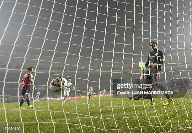 Paraguay's goalkeeper Justo Villar reacts after beating scored on during their Copa America semifinal football match agains Argentina in Concepcion,...