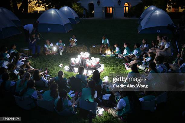 Members of the Girl Scouts participate in the first-ever White House Campout June 30, 2015 at South Lawn of the White House in Washington, DC. The...