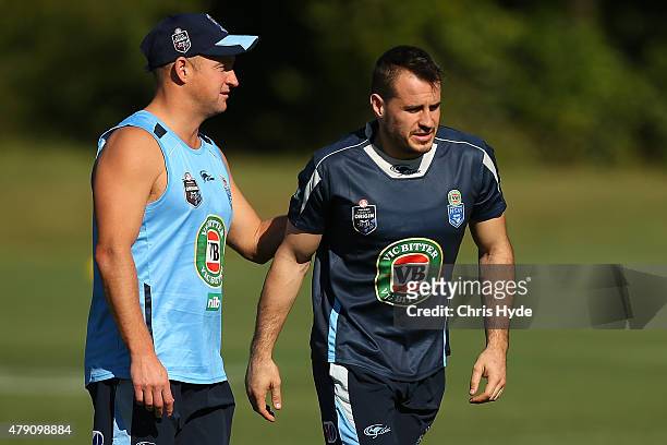 Assistant coach Nathan Brown and Josh Reynolds talk during a New South Wales State of Origin at Novotel Coffs Harbour on July 1, 2015 in Coffs...