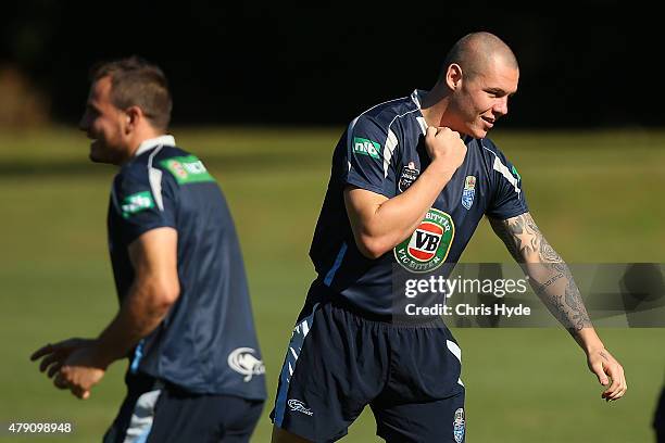 David Klemmer and Josh Reynolds play tag during a New South Wales State of Origin at Novotel Coffs Harbour on July 1, 2015 in Coffs Harbour,...