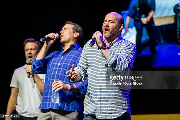 Jason Sudeikis, Rob Riggle, and David Koechner practice on stage before the Big Slick Celebrity Party & Live Action for Children's Mercy Hospital at...