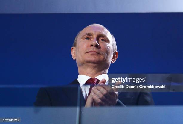 Russia President Vladimir Putin looks on during the Sochi 2014 Paralympic Winter Games Closing Ceremony at Fisht Olympic Stadium on March 16, 2014 in...