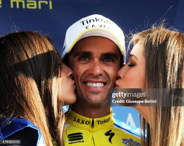 Alberto Contador of Tinkoff Saxo celebrates the victory after stage five of the 2014 Tirreno Adriatico, a 192 km stage from Amatrice to Guardiagrele...