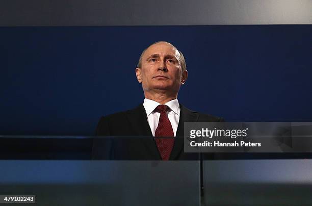 Russia President Vladimir Putin looks on during the Sochi 2014 Paralympic Winter Games Closing Ceremony at Fisht Olympic Stadium on March 16, 2014 in...
