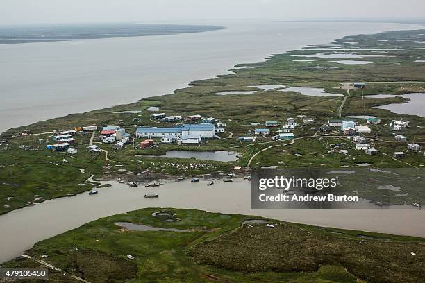 The village of Newtok is seen from a plane on June 29, 2015 in Newtok, Alaska. Newtok, which has a population of approximately of 375 ethnically...