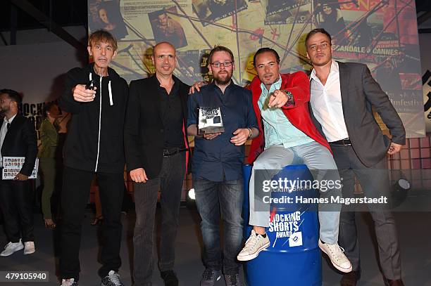 Andreas Schmidt, Jochen Alexander Freydank, Maximilian Niemann, John Friedmann and Tom Wlaschiha attend the Shocking Shorts Award 2015 during the...