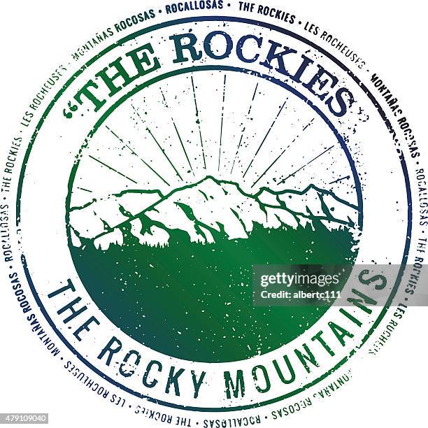 ilustraciones, imágenes clip art, dibujos animados e iconos de stock de sello de viaje de las montañas rocosas - idaho