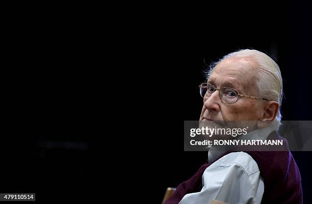 Defendant and German former SS officer Oskar Groening dubbed the "bookkeeper of Auschwitz", attends his trial on July 1, 2015 at the courtroom at the...