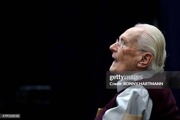 Defendant and German former SS officer Oskar Groening dubbed the "bookkeeper of Auschwitz", sits on July 1, 2015 at the courtroom at the...